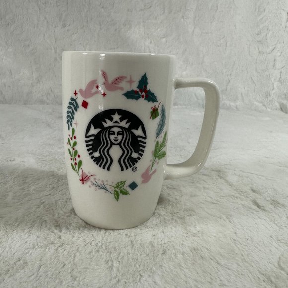 2 Starbucks Coffee Mug Siren Christmas Holiday Wreath Cup 8 oz Square Handle - Picture 4 of 8